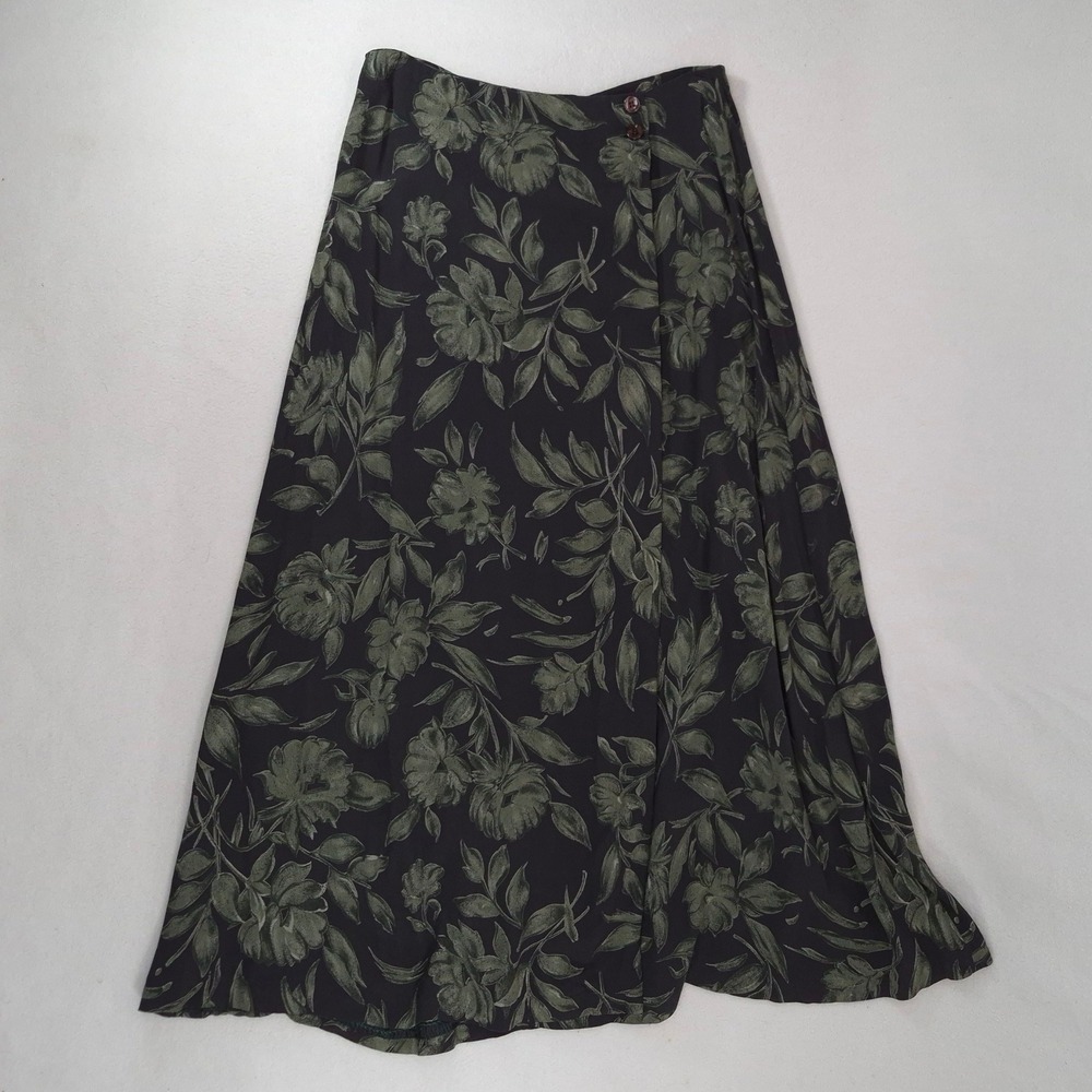 Jones New York Floral Maxi Skirt Green Black Size 8 Vintage 90s Rayon Wrap Style - Picture 3 of 9